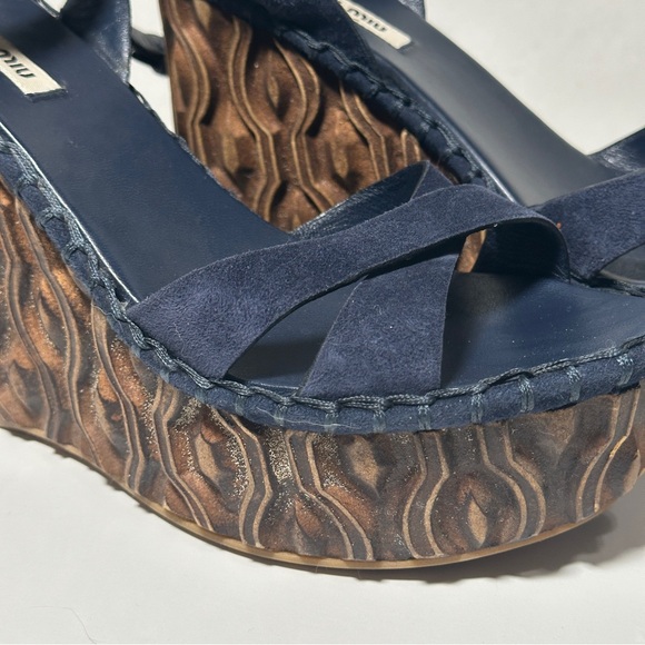 Miu Miu Suede Wooden Wedge Strappy Sandals - Picture 11 of 14